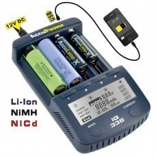 AccuPower LCD Caricabatteria IQ338 veloce con USB per Li-Ion / Ni-MH / Ni-Cd